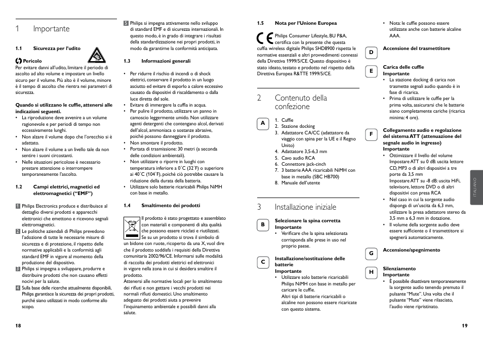 1 importante, 2 contenuto della confezione, 3 installazione iniziale | Philips Casque hi-fi sans fil User Manual | Page 12 / 51