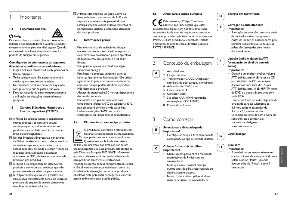 1 importante, 2 conteúdo da embalagem, 3 como começar | Philips Casque hi-fi sans fil User Manual | Page 16 / 51