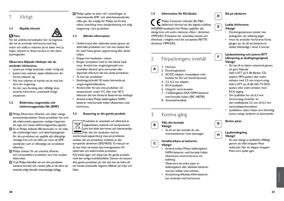 1 viktigt, 2 förpackningens innehåll, 3 komma igång | Philips Casque hi-fi sans fil User Manual | Page 18 / 51