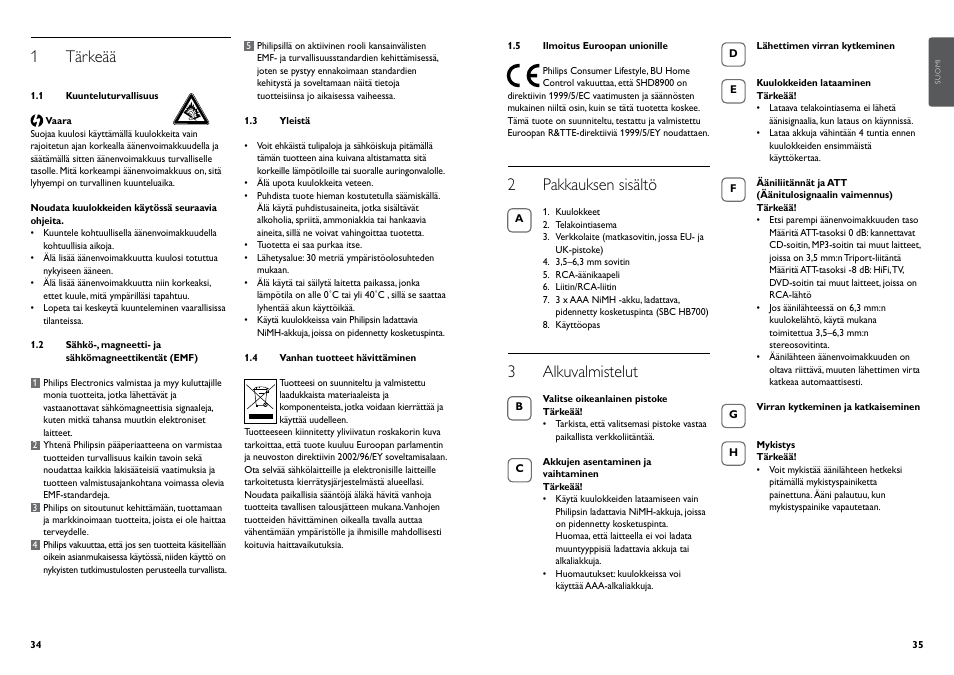 1 tärkeää, 2 pakkauksen sisältö, 3 alkuvalmistelut | Philips Casque hi-fi sans fil User Manual | Page 20 / 51