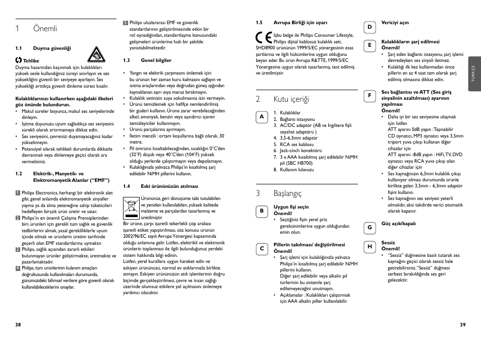 1 önemli, 2 kutu içeriği, 3 başlangıç | Philips Casque hi-fi sans fil User Manual | Page 22 / 51