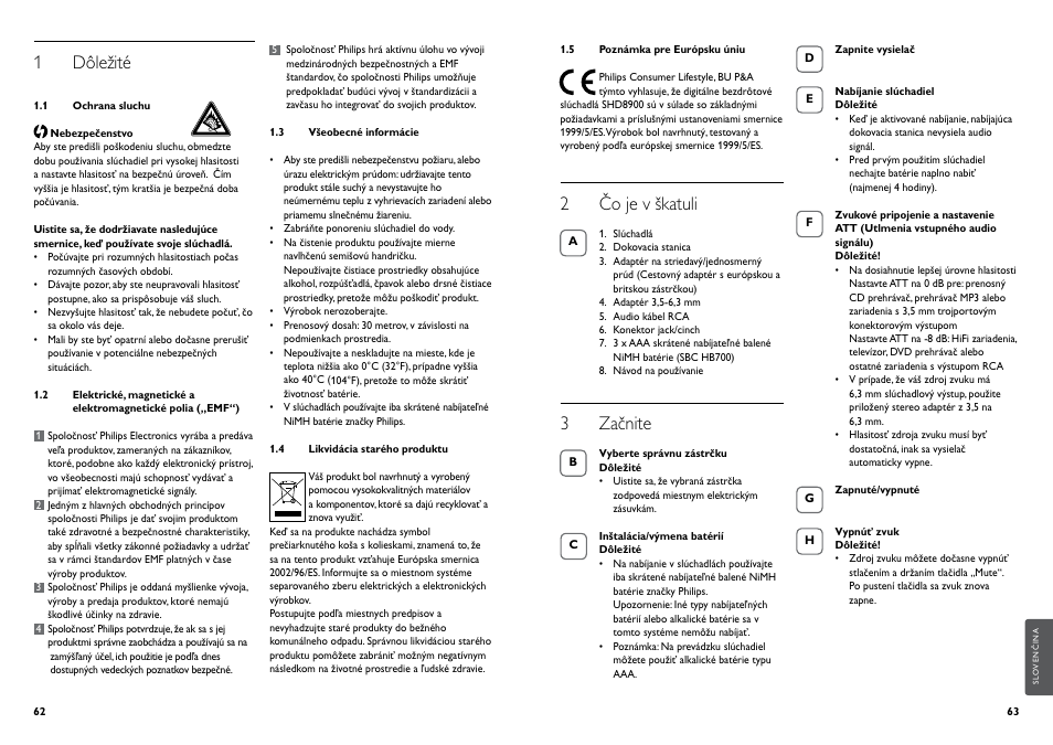 1 dôležité, 2 čo je v škatuli, 3 začnite | Philips Casque hi-fi sans fil User Manual | Page 34 / 51