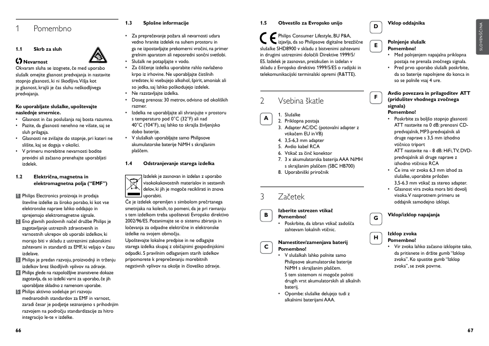 1 pomembno, 2 vsebina škatle, 3 začetek | Philips Casque hi-fi sans fil User Manual | Page 36 / 51