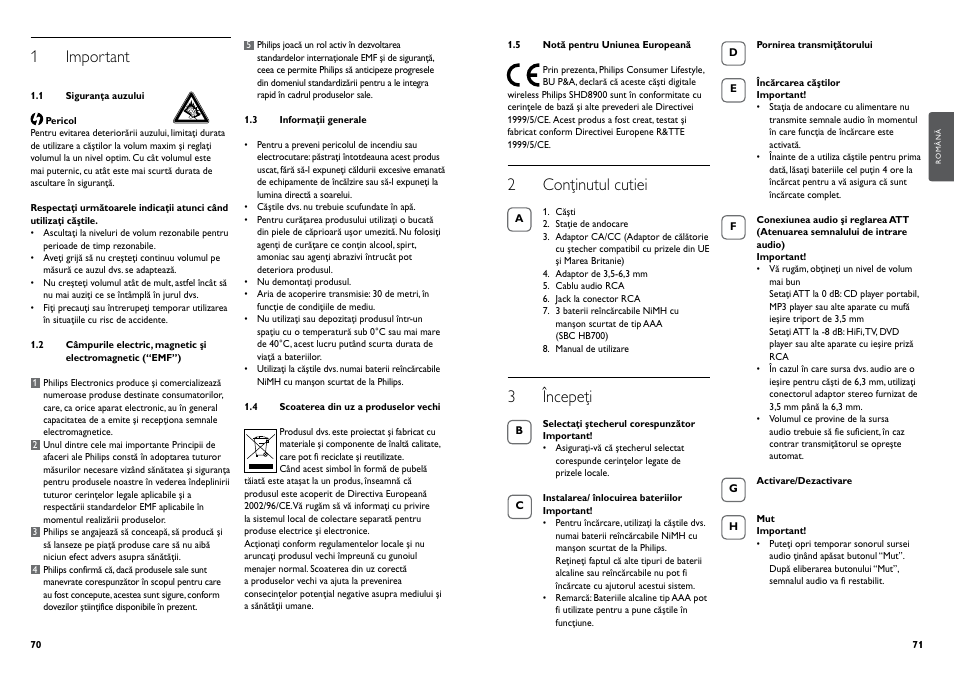 1 important, 2 conţinutul cutiei, 3 începeţi | Philips Casque hi-fi sans fil User Manual | Page 38 / 51