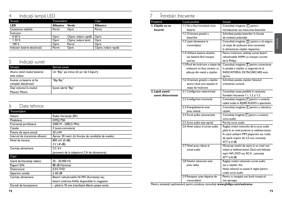 7 întrebări frecvente, 4 indicaţii lampă led, 5 indicaţii sunet | 6 date tehnice | Philips Casque hi-fi sans fil User Manual | Page 39 / 51