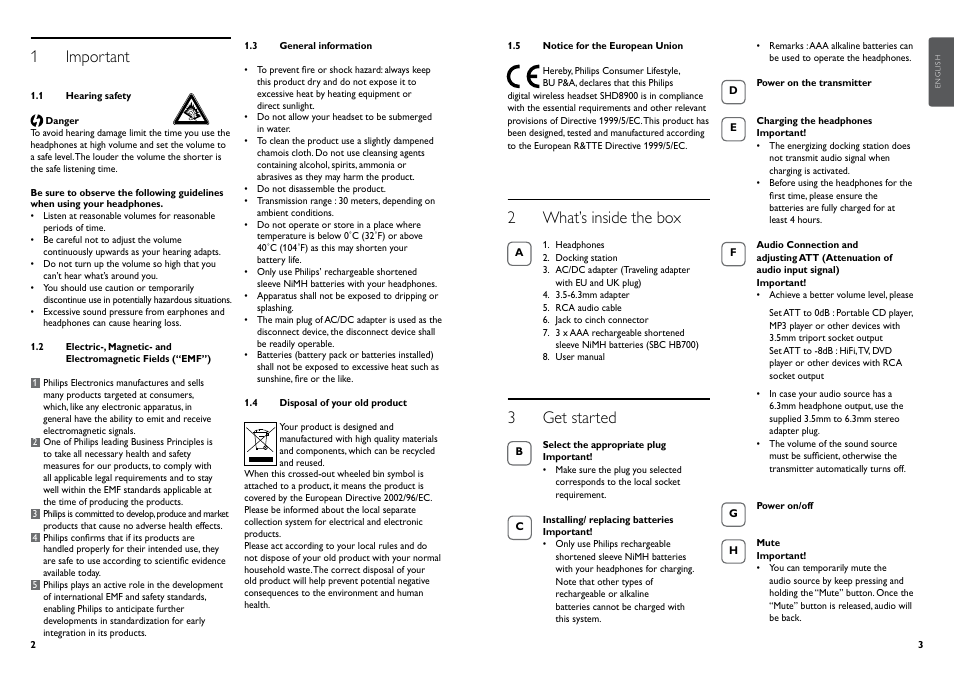 1 important, 2 what’s inside the box, 3 get started | Philips Casque hi-fi sans fil User Manual | Page 4 / 51