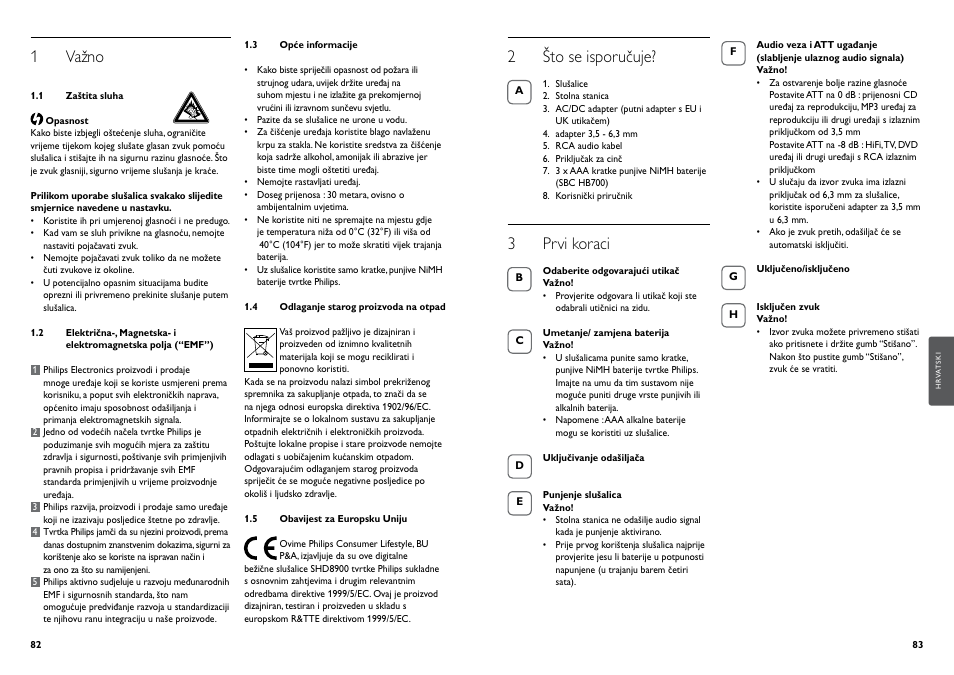 1 važno, 2 što se isporučuje, 3 prvi koraci | Philips Casque hi-fi sans fil User Manual | Page 44 / 51