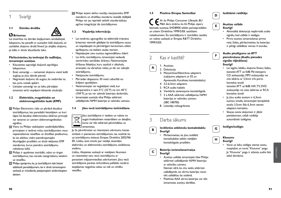 1 svarīgi, 2 kas ir kastītē, 3 darba sākums | Philips Casque hi-fi sans fil User Manual | Page 48 / 51