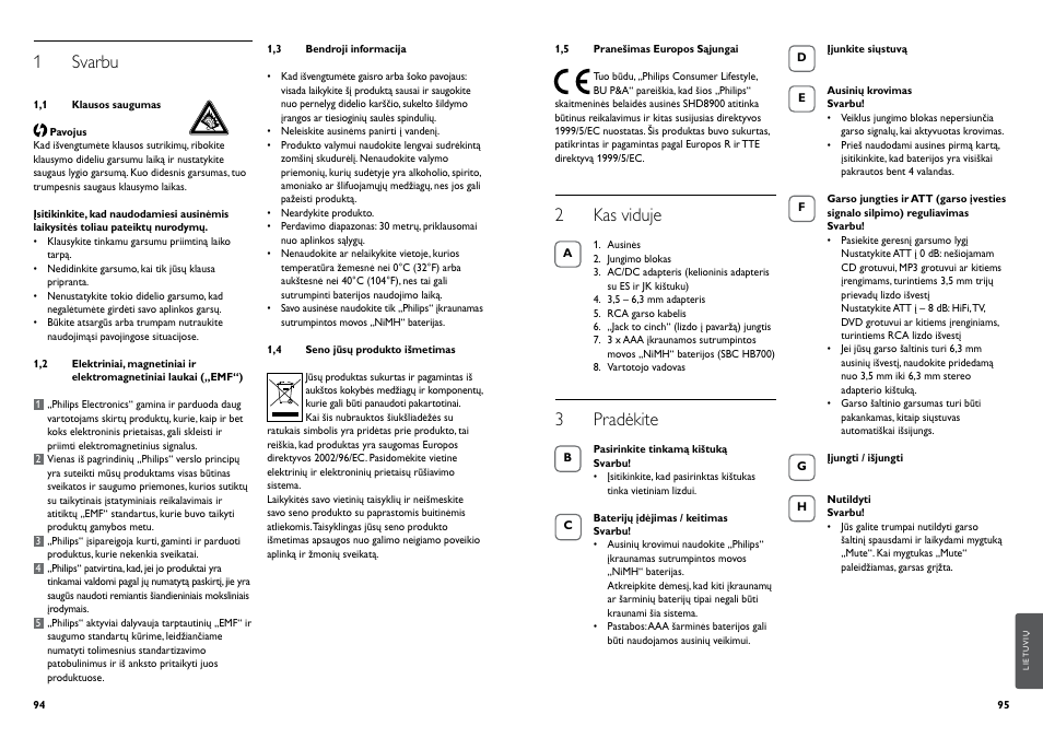 1 svarbu, 2 kas viduje, 3 pradėkite | Philips Casque hi-fi sans fil User Manual | Page 50 / 51