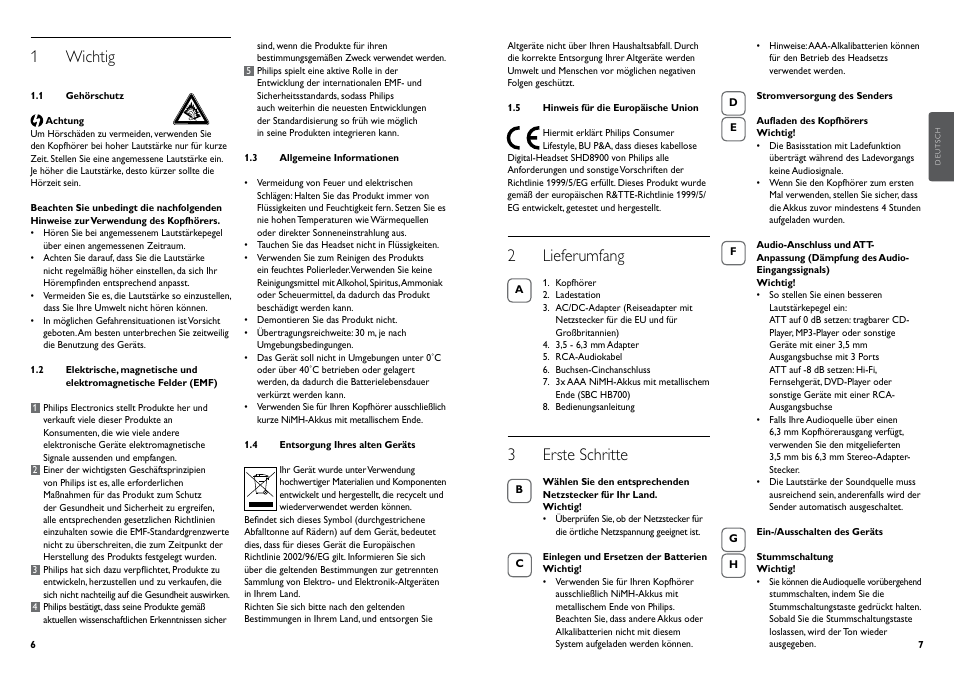 1 wichtig, 2 lieferumfang, 3 erste schritte | Philips Casque hi-fi sans fil User Manual | Page 6 / 51