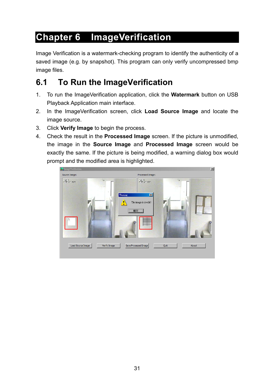Chapter 6 imageverification, 1 to run the imageverification | AVerMedia Technologies EB1304 NET User Manual | Page 37 / 56