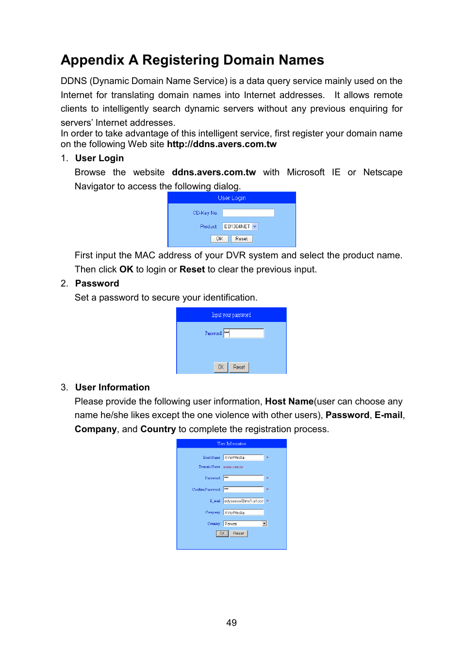 Appendix a registering domain names | AVerMedia Technologies EB1304 NET User Manual | Page 55 / 56