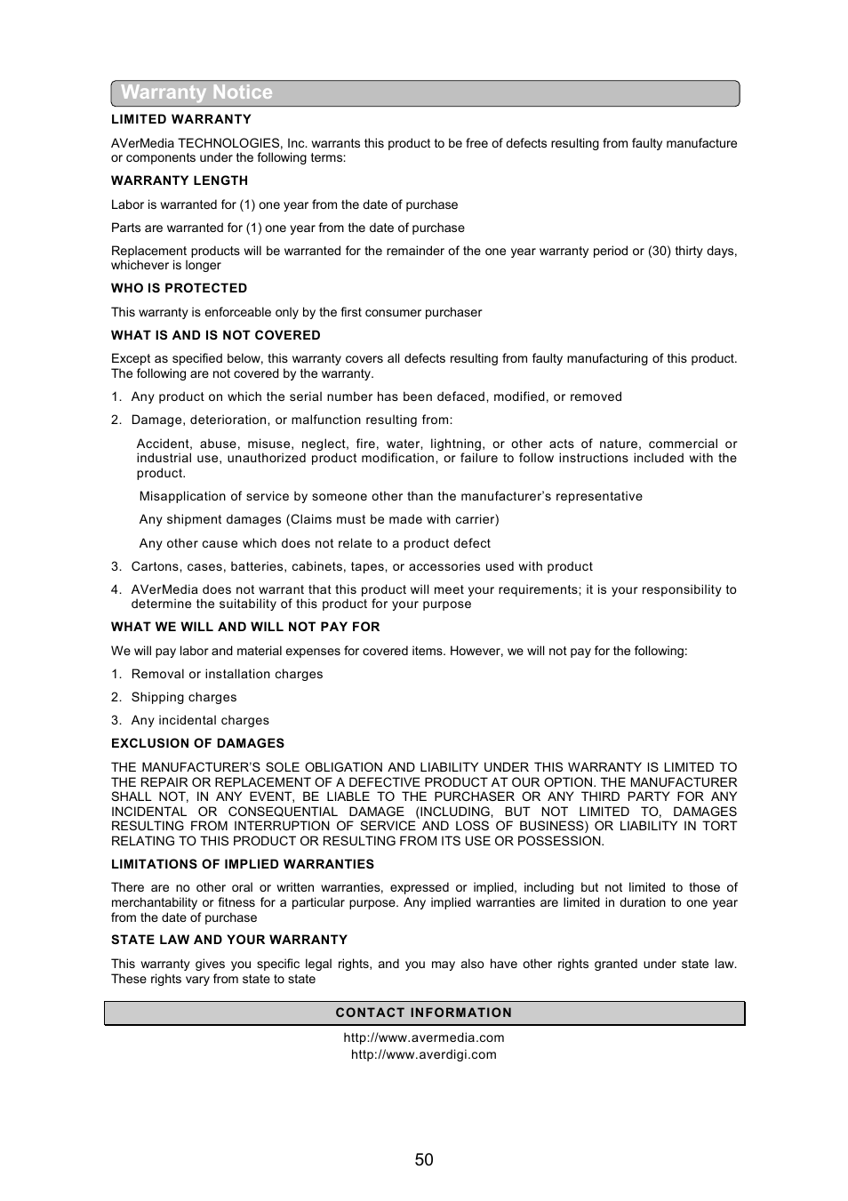 Warranty notice | AVerMedia Technologies EB1304 NET User Manual | Page 56 / 56