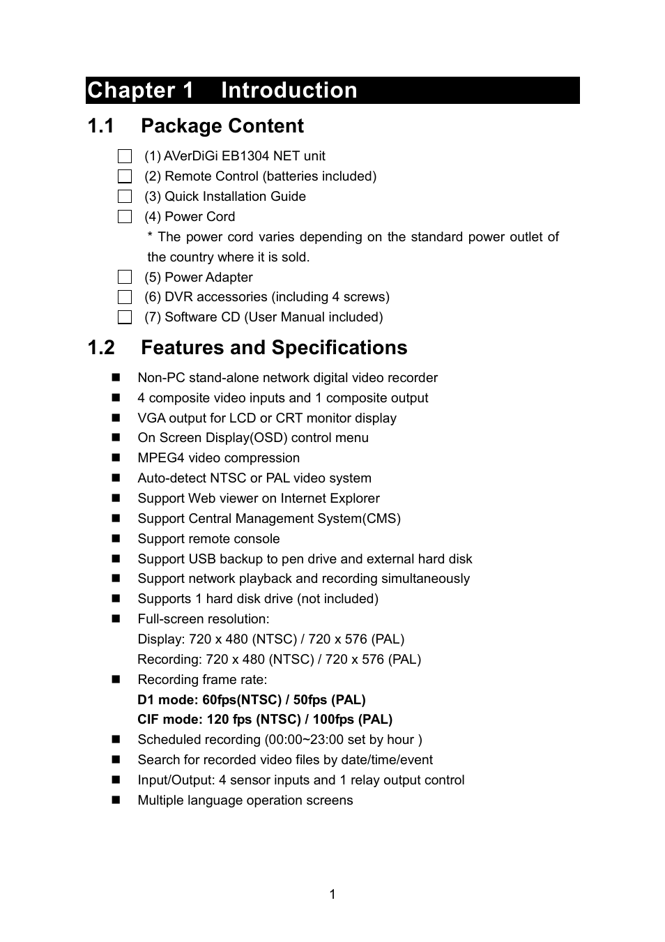 Chapter 1 introduction, 1 package content, 2 features and specifications | AVerMedia Technologies EB1304 NET User Manual | Page 7 / 56