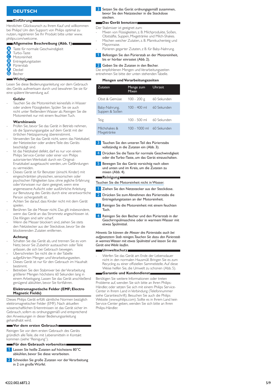 Deutsch | Philips Daily Collection Mixeur plongeant User Manual | Page 5 / 9