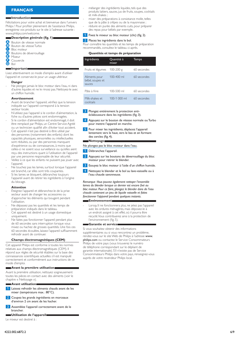 Français | Philips Daily Collection Mixeur plongeant User Manual | Page 6 / 9