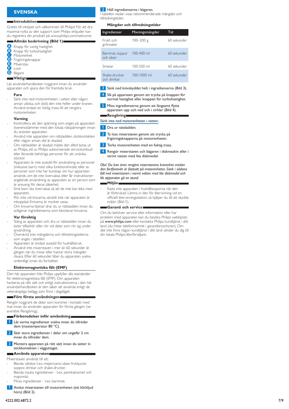 Svenska | Philips Daily Collection Mixeur plongeant User Manual | Page 7 / 9