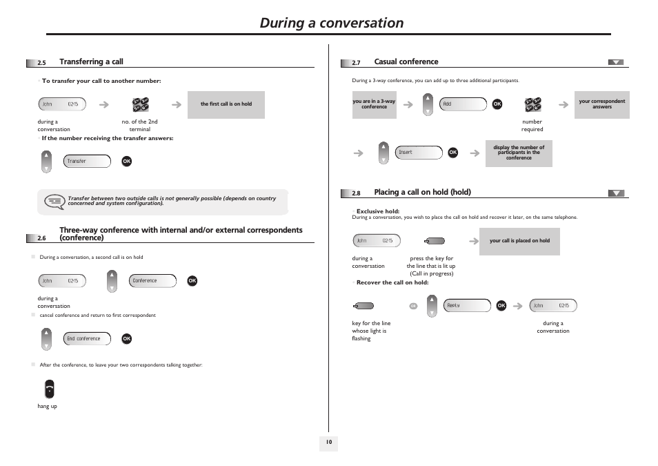 Transferring a call, Casual conference, Placing a call on hold (hold) | P.10, During a conversation | Alcatel 4008/4018/4019 User Manual | Page 10 / 24