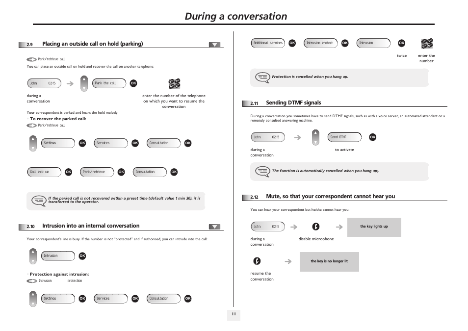 Placing an outside call on hold (parking), Intrusion into an internal conversation, Sending dtmf signals | Mute, so that your correspondent cannot hear you, P.11, During a conversation | Alcatel 4008/4018/4019 User Manual | Page 11 / 24