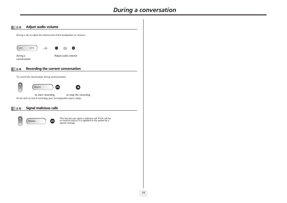 Adjust audio volume, Recording the current conversation, Signal malicious calls | P.12, During a conversation | Alcatel 4008/4018/4019 User Manual | Page 12 / 24