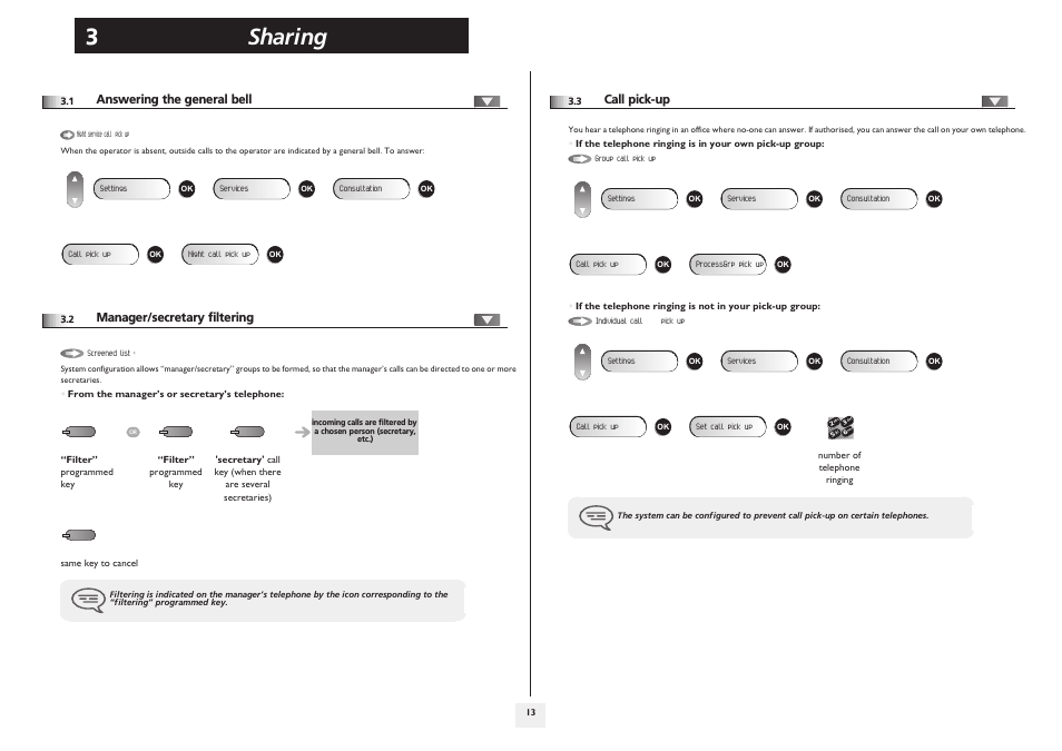 Answering the general bell, Manager/secretary filtering, Call pick-up | P.13, Sharing 3 | Alcatel 4008/4018/4019 User Manual | Page 13 / 24