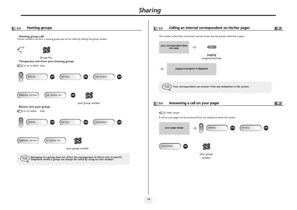 Hunting groups, P.14, Sharing | Calling an internal correspondent on his/her pager, Answering a call on your pager | Alcatel 4008/4018/4019 User Manual | Page 14 / 24
