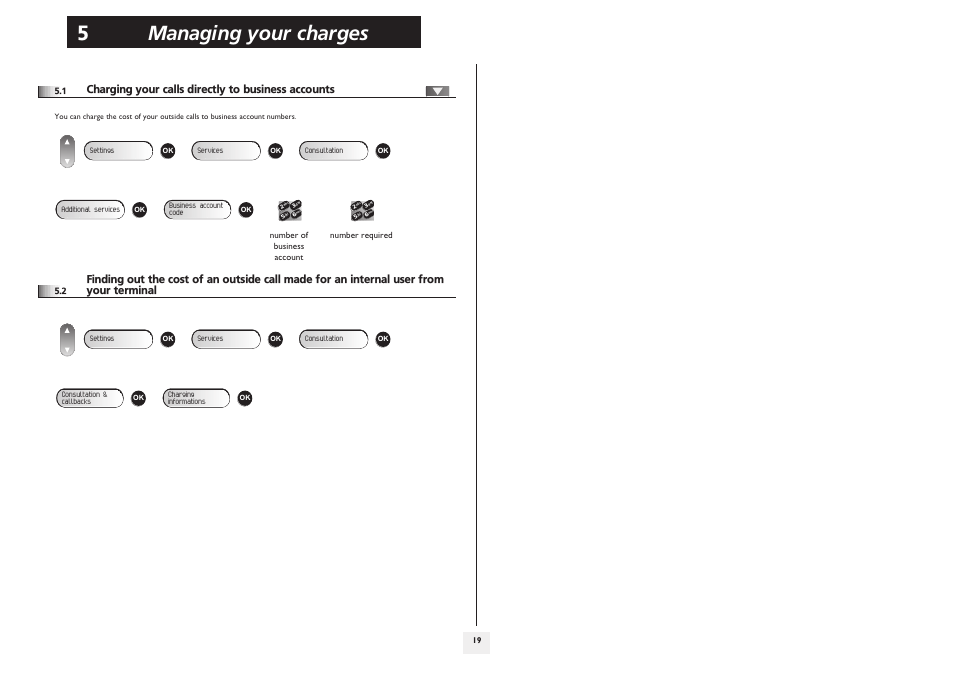 Charging your calls directly to business accounts, P.19, Managing your charges 5 | Alcatel 4008/4018/4019 User Manual | Page 19 / 24