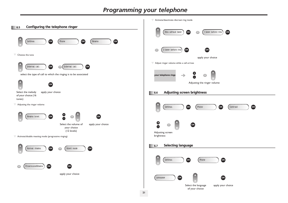 Configuring the telephone ringer, Adjusting screen brightness, Selecting language | P.21, Programming your telephone | Alcatel 4008/4018/4019 User Manual | Page 21 / 24