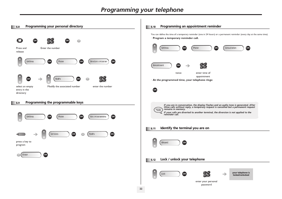 Programming your personal directory, Programming the programmable keys, Programming an appointment reminder | Identify the terminal you are on, Lock / unlock your telephone, P.22, Programming your telephone | Alcatel 4008/4018/4019 User Manual | Page 22 / 24