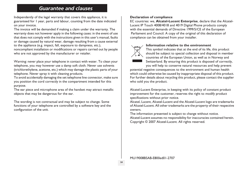 Guarantee and clauses | Alcatel 4008/4018/4019 User Manual | Page 24 / 24