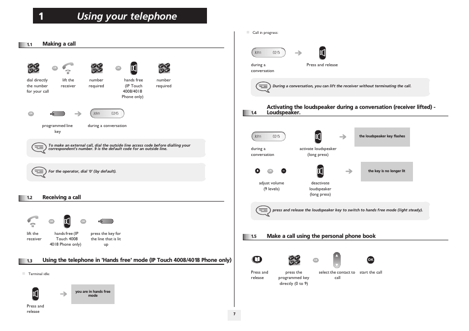 Making a call, Receiving a call, Make a call using the personal phone book | Using your telephone 1 | Alcatel 4008/4018/4019 User Manual | Page 7 / 24