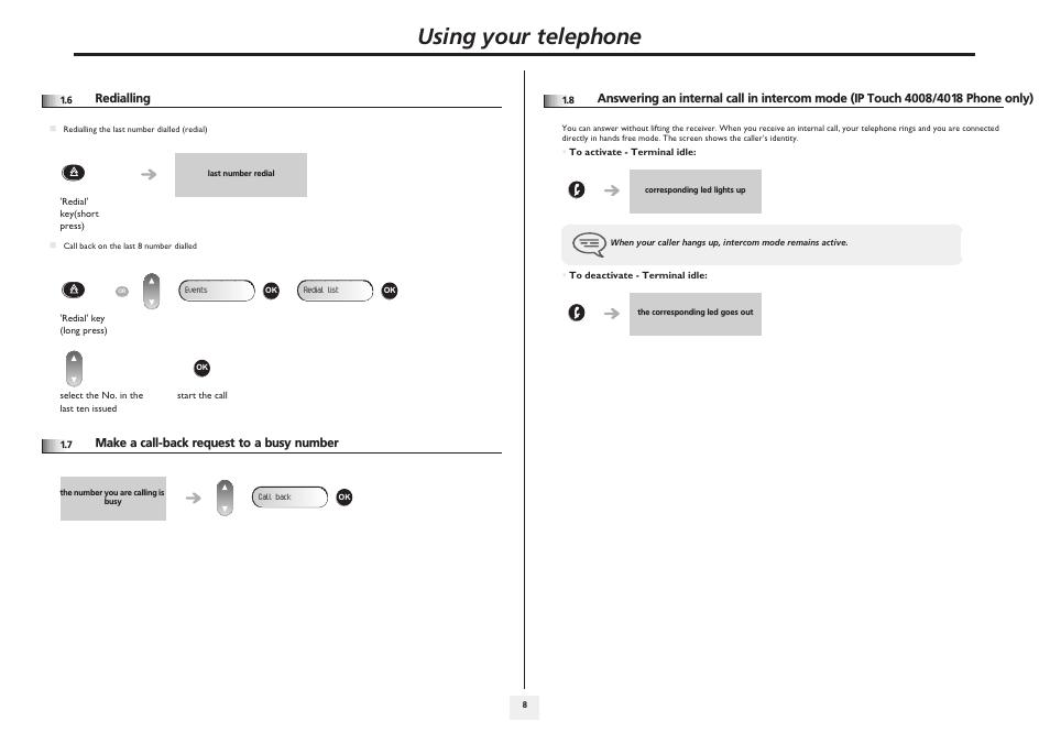 Redialling, Make a call-back request to a busy number, Using your telephone | Alcatel 4008/4018/4019 User Manual | Page 8 / 24