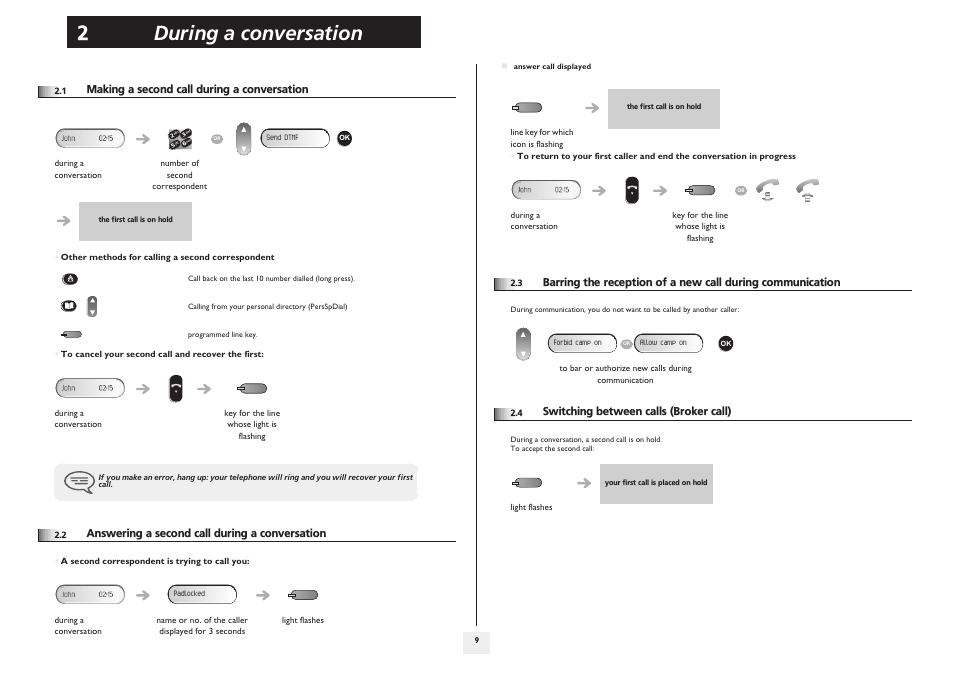 Making a second call during a conversation, Answering a second call during a conversation, Switching between calls (broker call) | During a conversation 2 | Alcatel 4008/4018/4019 User Manual | Page 9 / 24
