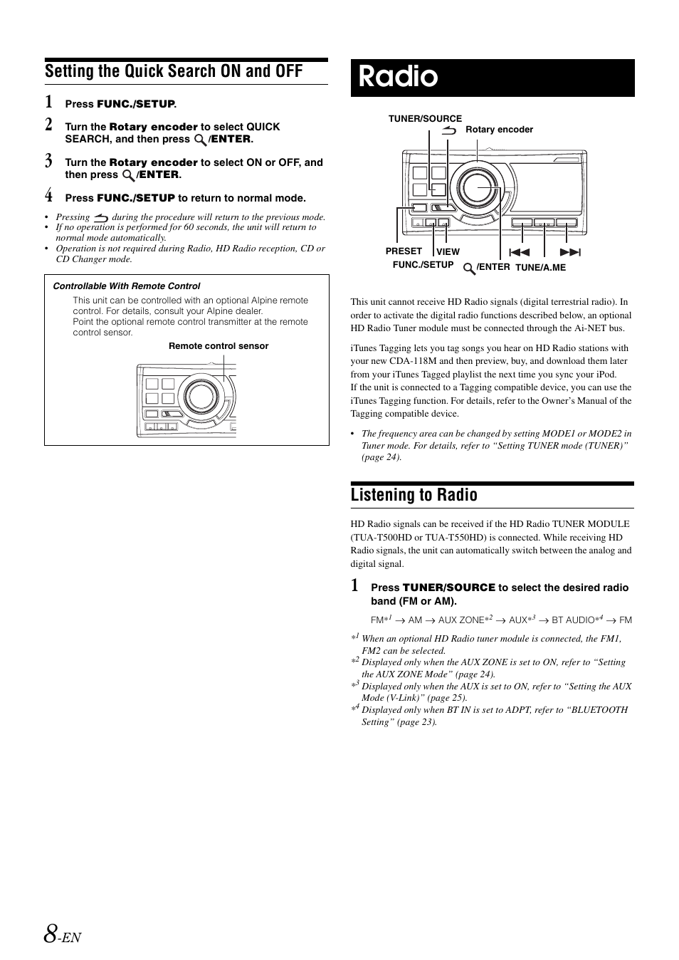 Setting the quick search on and off, Radio, Listening to radio | Alpine CDA-118M User Manual | Page 10 / 51