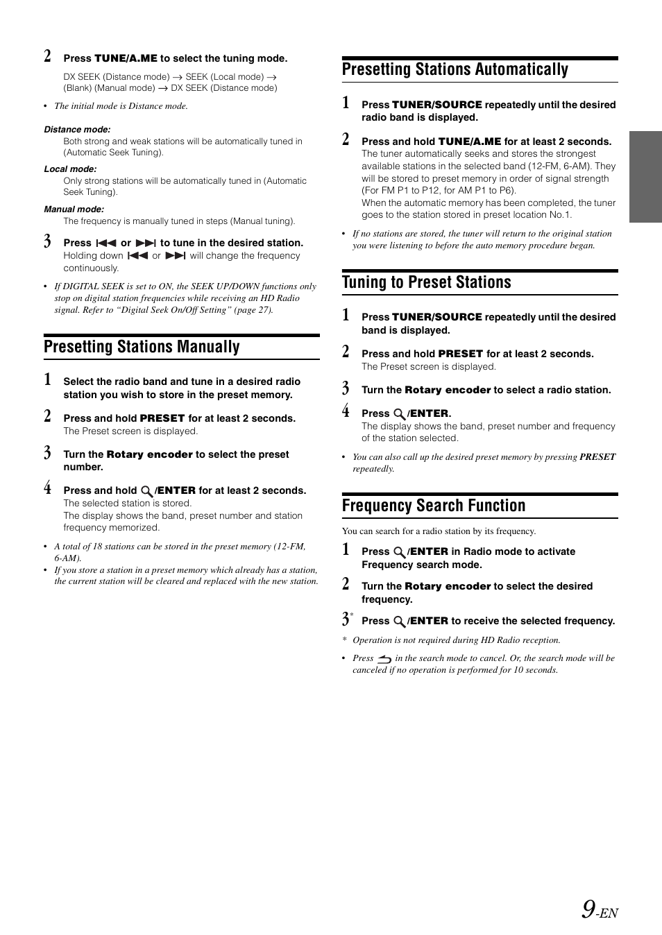 Presetting stations manually, Presetting stations automatically, Tuning to preset stations | Frequency search function | Alpine CDA-118M User Manual | Page 11 / 51