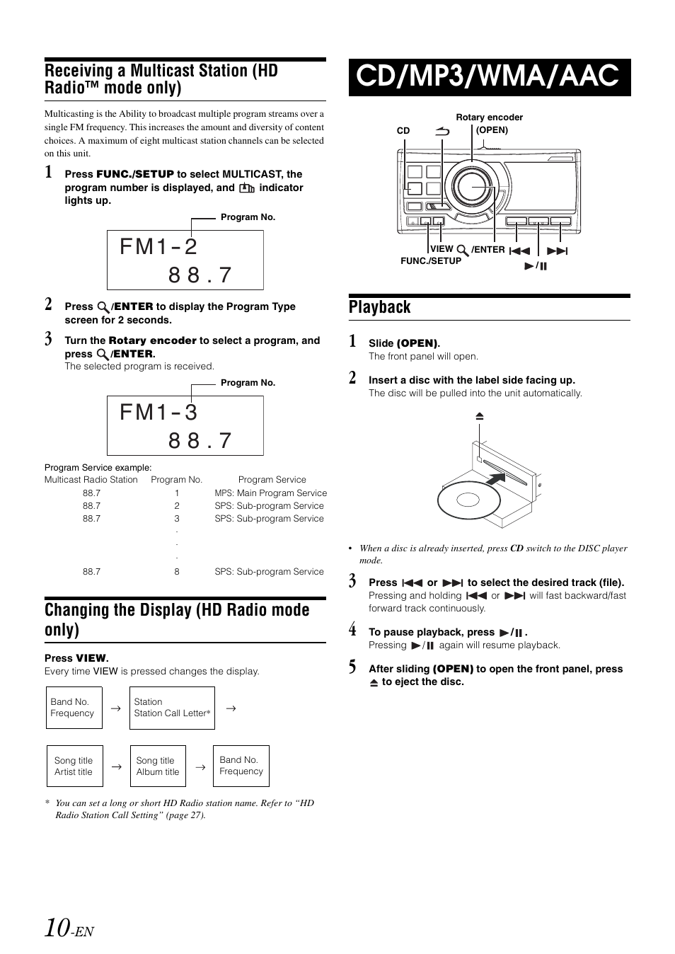 Changing the display (hd radio mode only), Cd/mp3/wma/aac, Playback | Receiving a multicast station, Hd radio™ mode only), Changing the display, Hd radio mode only) | Alpine CDA-118M User Manual | Page 12 / 51