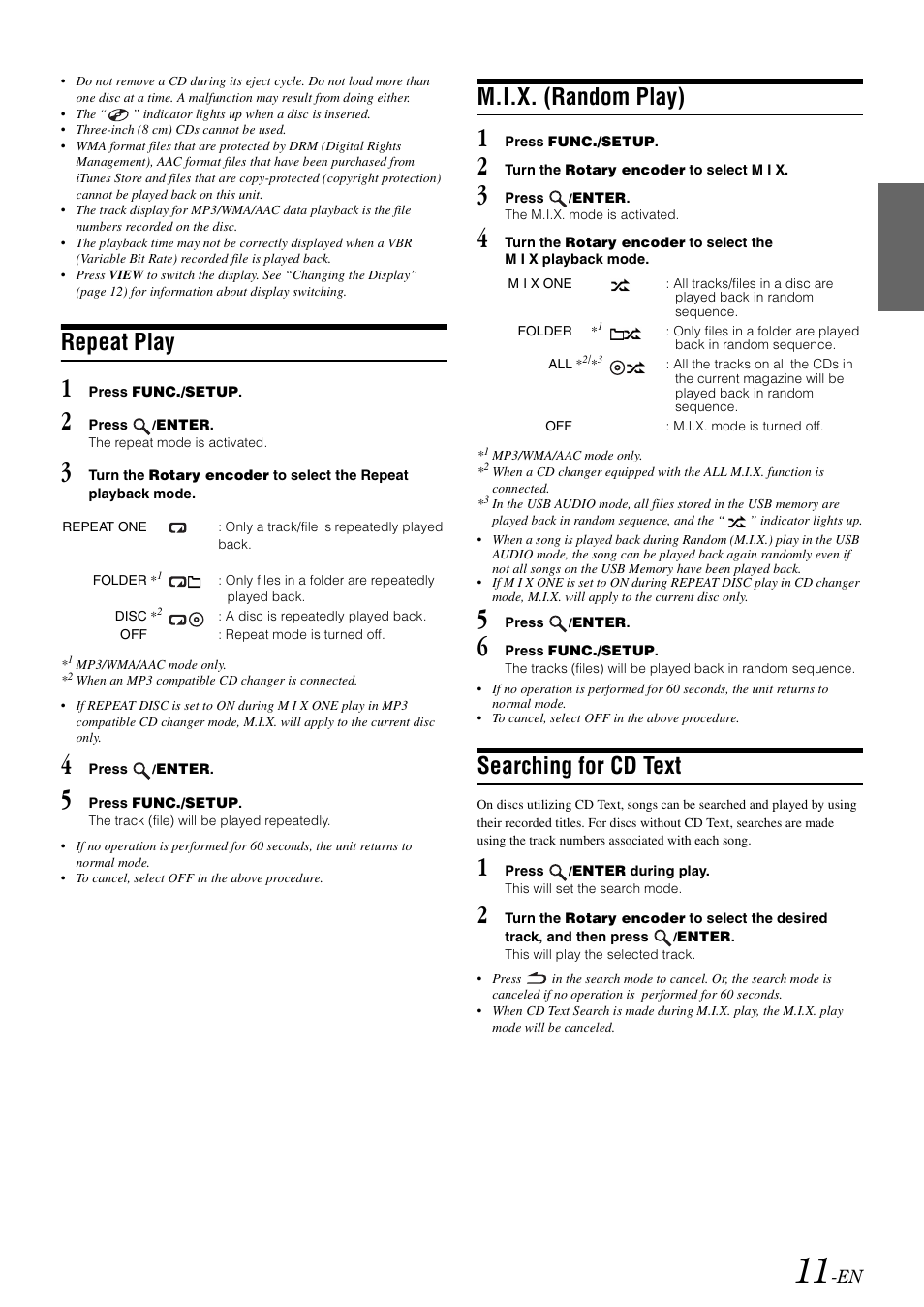 Repeat play, M.i.x. (random play), Searching for cd text | Alpine CDA-118M User Manual | Page 13 / 51