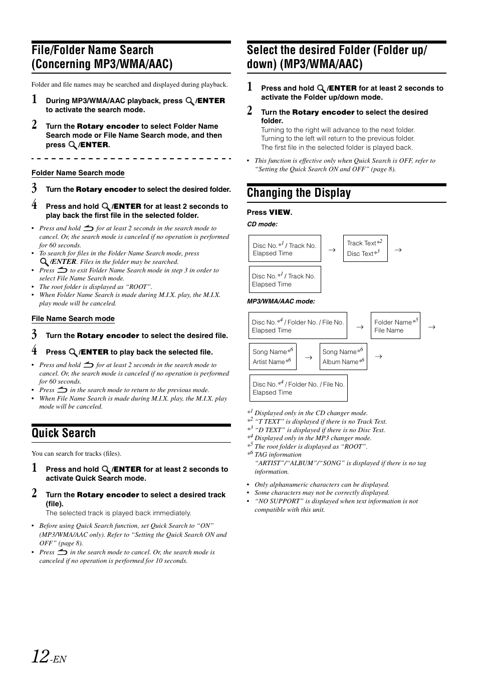 File/folder name search (concerning mp3/wma/aac), Quick search, Changing the display | File/folder name search, Concerning mp3/wma/aac), Select the desired folder (folder up/down), Mp3/wma/aac) | Alpine CDA-118M User Manual | Page 14 / 51