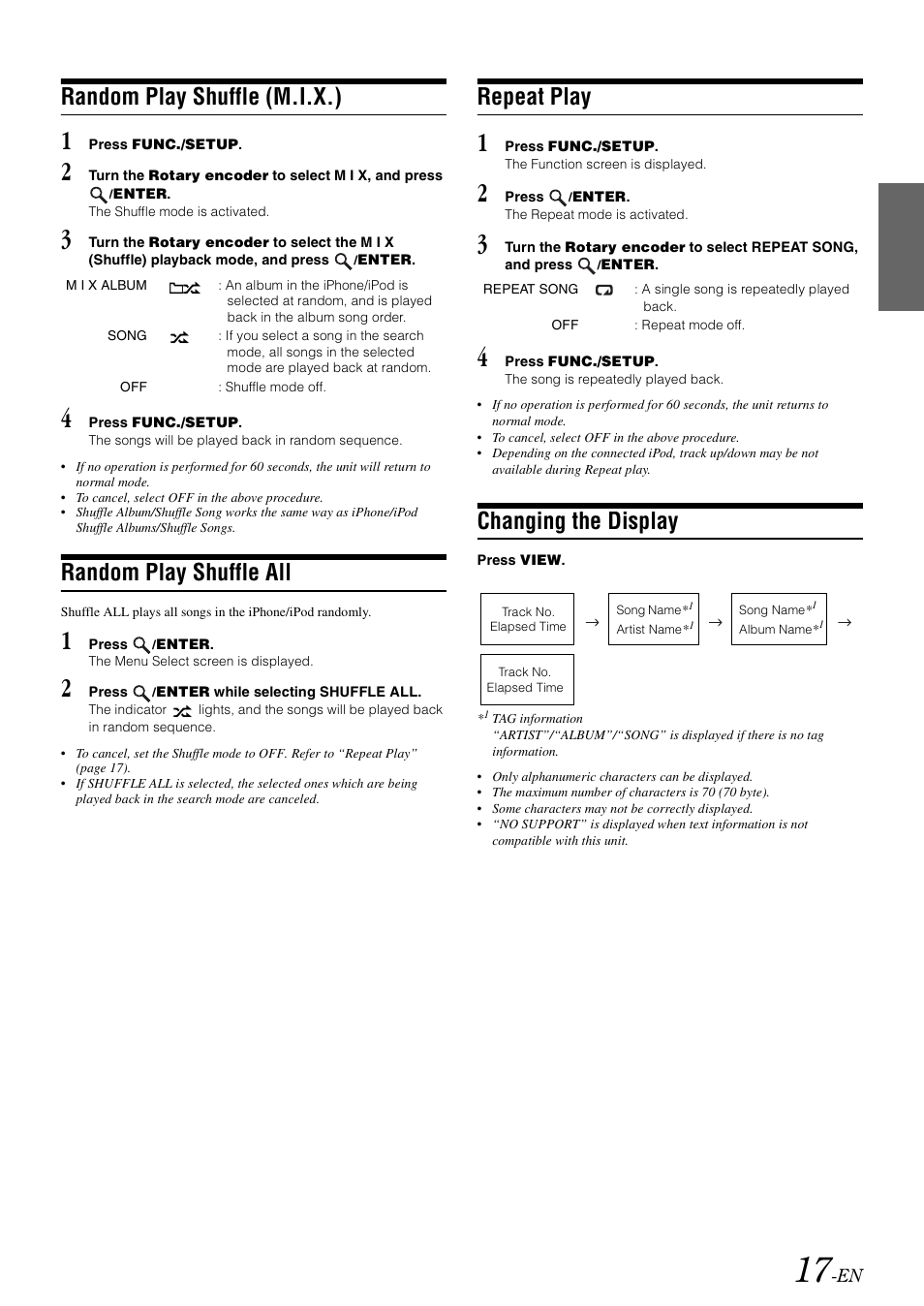 Random play shuffle (m.i.x.), Random play shuffle all, Repeat play | Changing the display | Alpine CDA-118M User Manual | Page 19 / 51