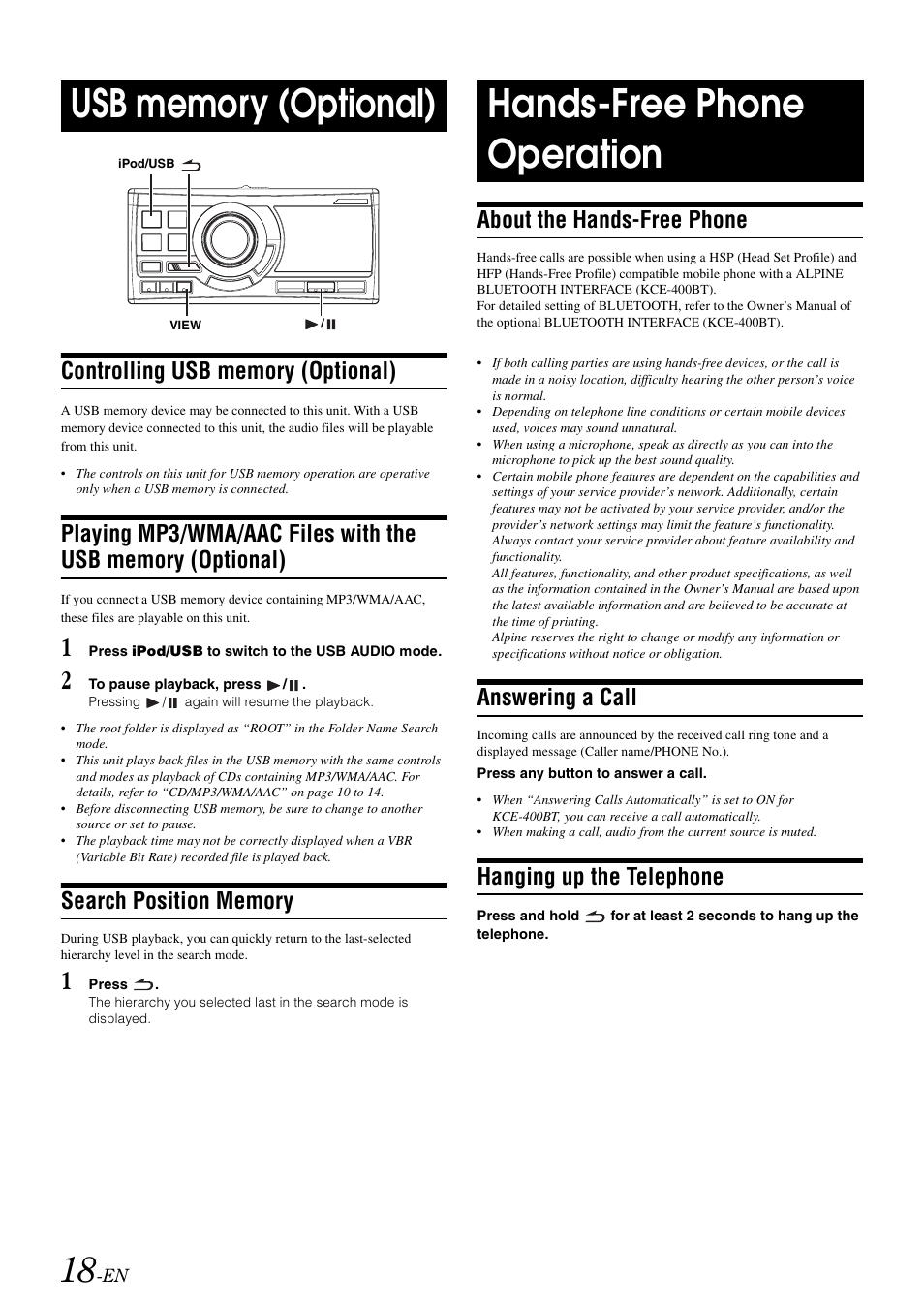 Usb memory (optional), Controlling usb memory (optional), Search position memory | Hands-free phone operation, About the hands-free phone, Answering a call, Hanging up the telephone, Playing mp3/wma/aac files with the | Alpine CDA-118M User Manual | Page 20 / 51