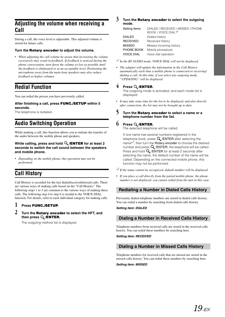 Adjusting the volume when receiving a call, Redial function, Audio switching operation | Call history, Adjusting the volume when, Receiving a call | Alpine CDA-118M User Manual | Page 21 / 51