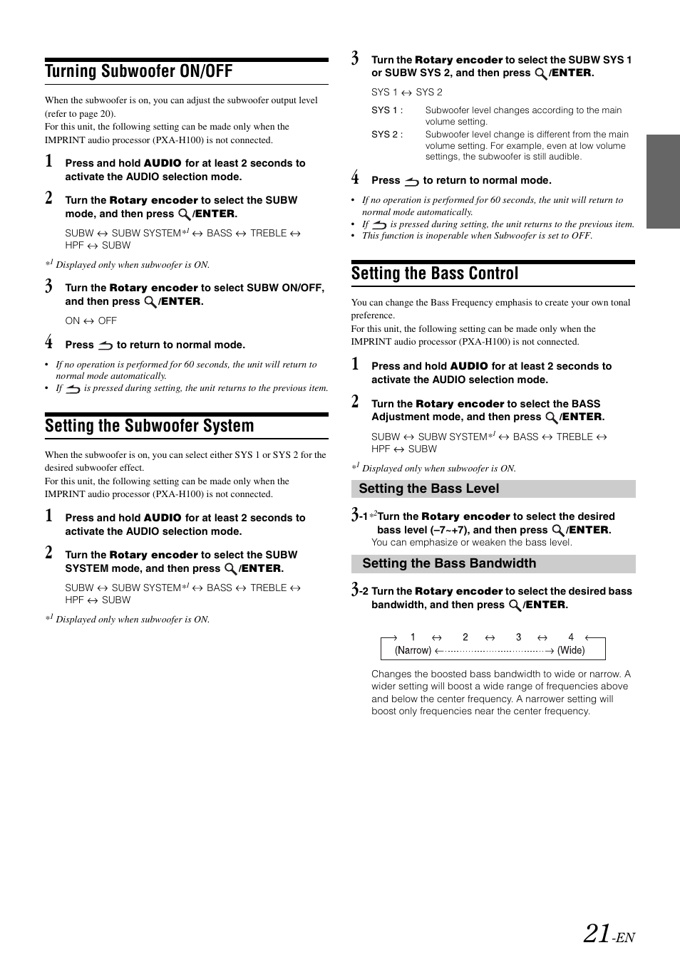 Turning subwoofer on/off, Setting the subwoofer system, Setting the bass control | Alpine CDA-118M User Manual | Page 23 / 51