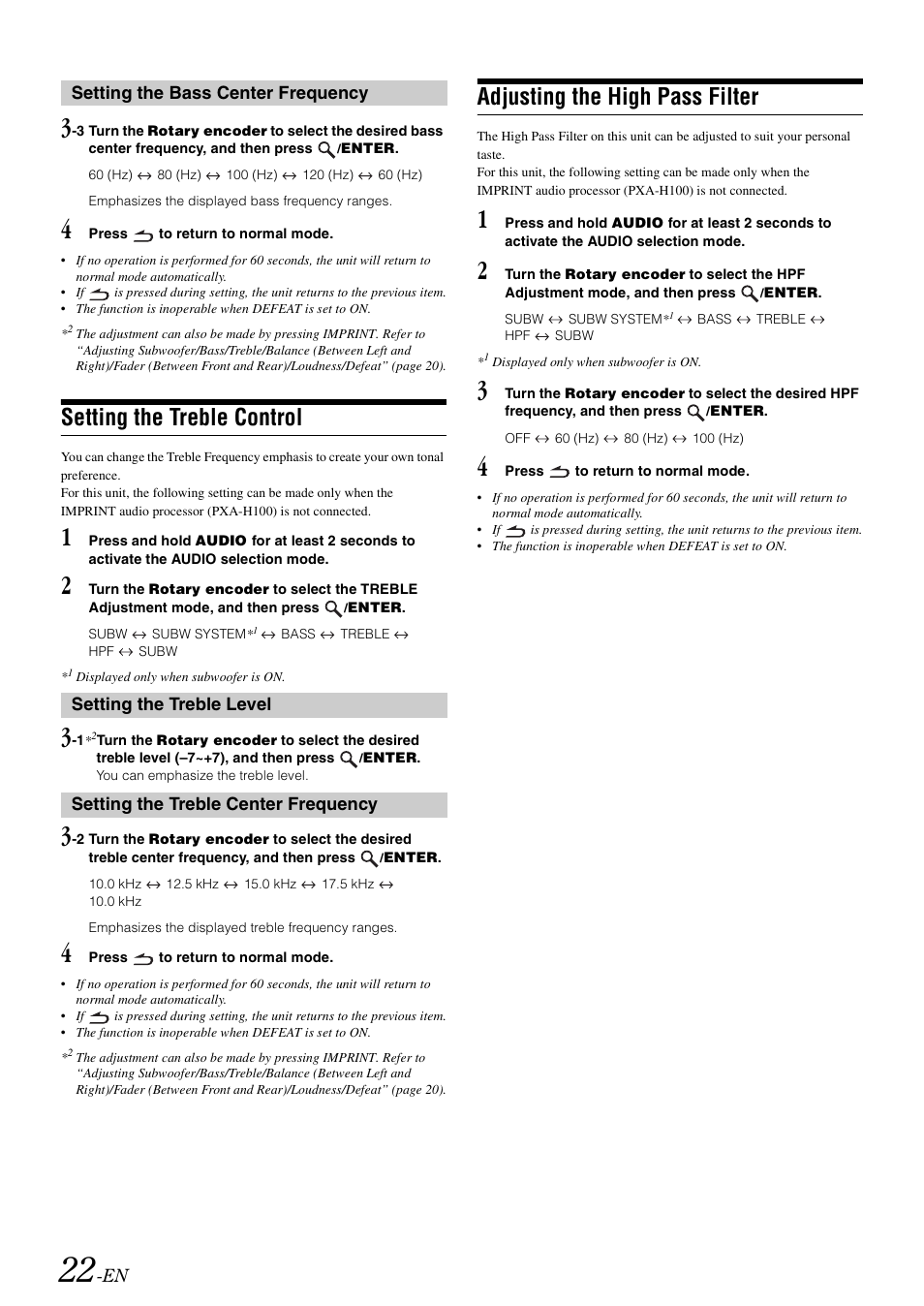 Setting the treble control, Adjusting the high pass filter | Alpine CDA-118M User Manual | Page 24 / 51