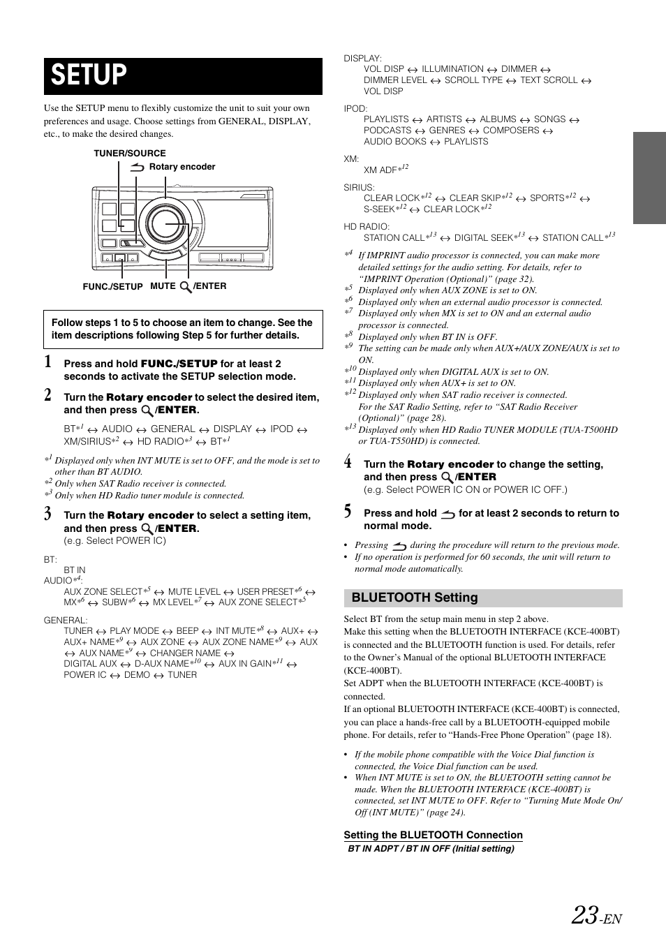 Setup, Bluetooth setting, Setting the bluetooth connection | Alpine CDA-118M User Manual | Page 25 / 51