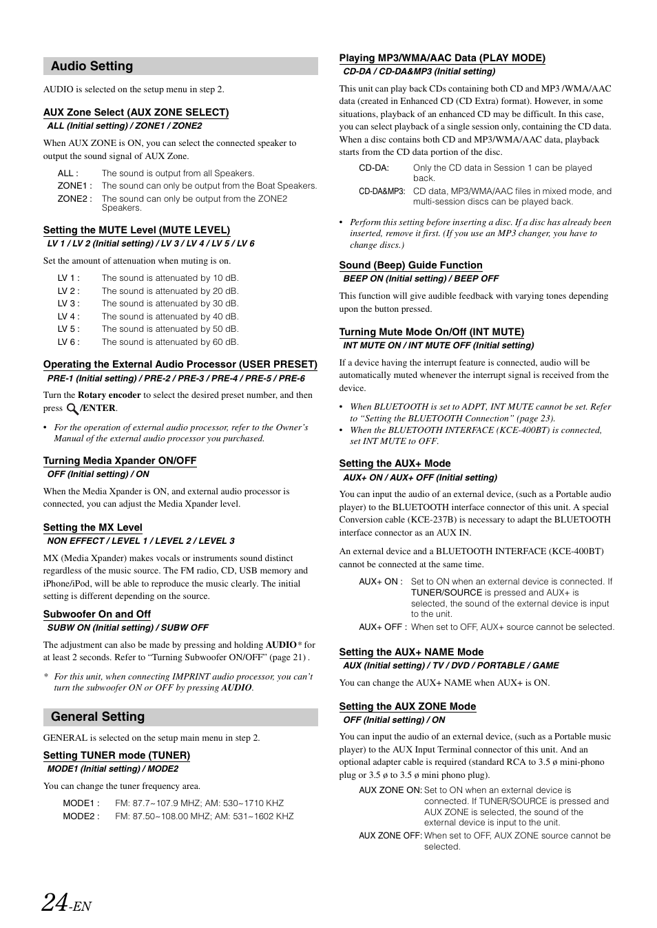 Audio setting, Aux zone select (aux zone select), Setting the mute level (mute level) | Turning media xpander on/off, Setting the mx level, Subwoofer on and off, General setting, Setting tuner mode (tuner), Playing mp3/wma/aac data (play mode), Sound (beep) guide function | Alpine CDA-118M User Manual | Page 26 / 51