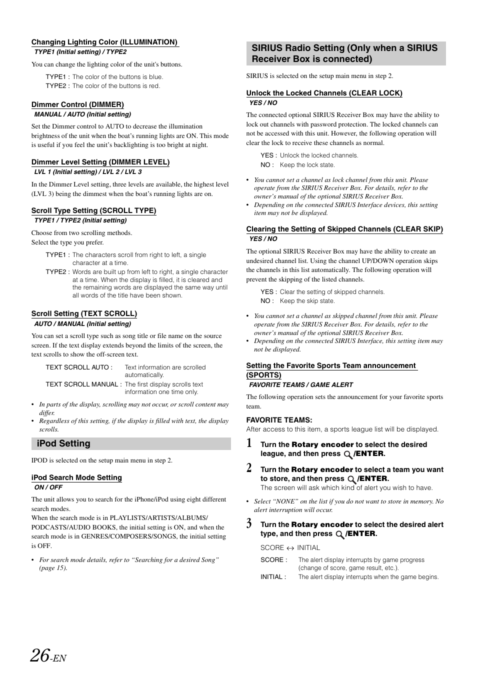 Changing lighting color (illumination), Dimmer control (dimmer), Dimmer level setting (dimmer level) | Scroll type setting (scroll type), Scroll setting (text scroll), Ipod setting, Ipod search mode setting, Unlock the locked channels (clear lock), Changing lighting color, Illumination) | Alpine CDA-118M User Manual | Page 28 / 51