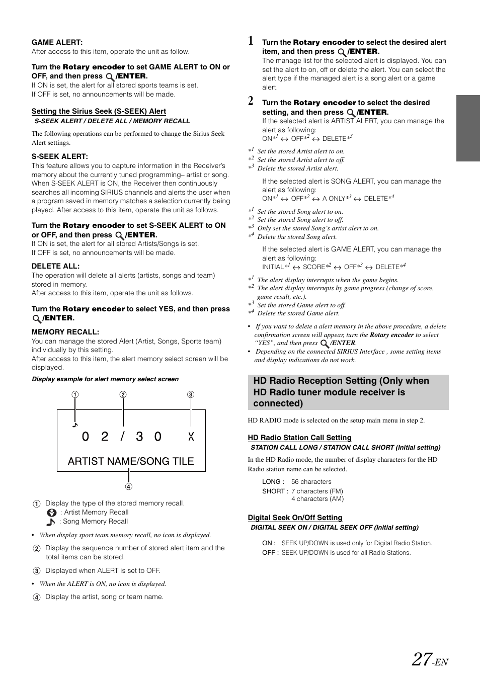 Setting the sirius seek (s-seek) alert, Hd radio station call setting, Digital seek on/off setting | Hd radio reception setting (only when hd, Radio tuner module receiver is connected) | Alpine CDA-118M User Manual | Page 29 / 51