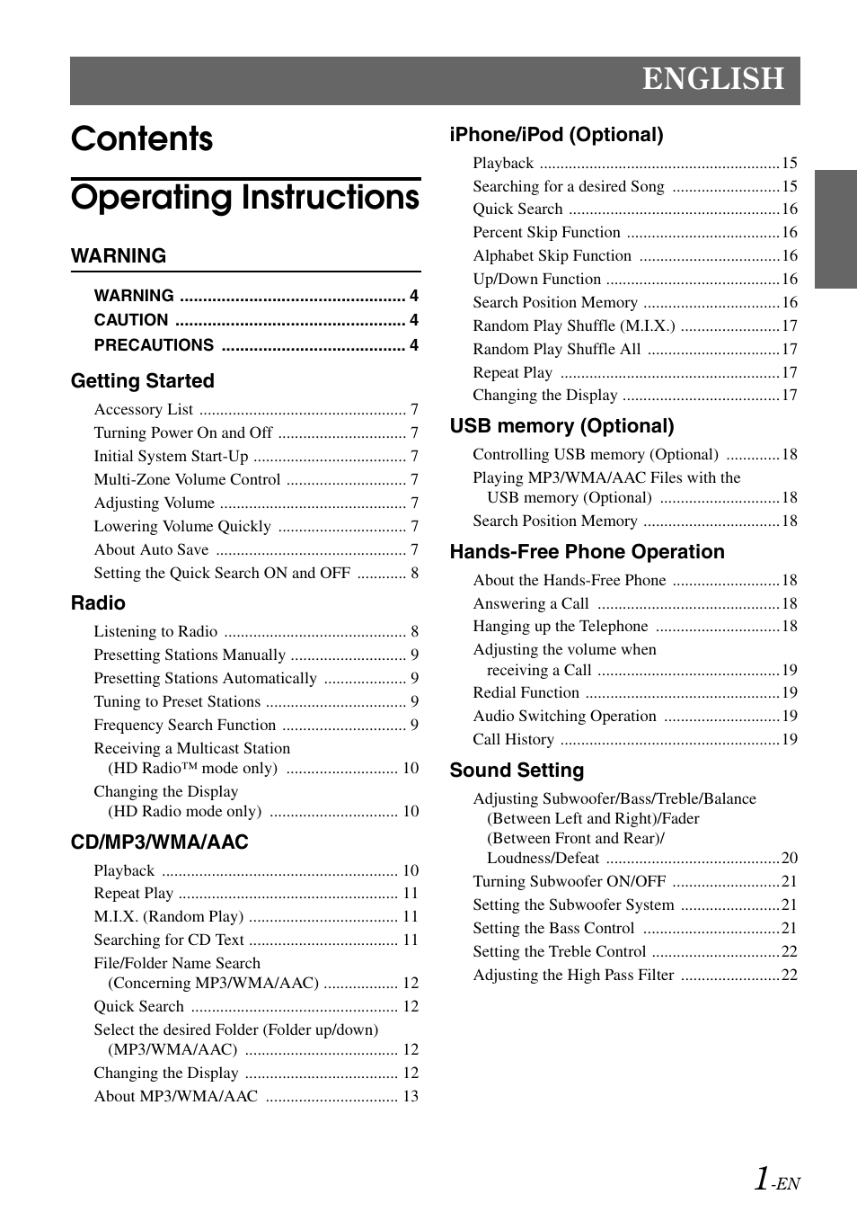 Contents operating instructions, English | Alpine CDA-118M User Manual | Page 3 / 51