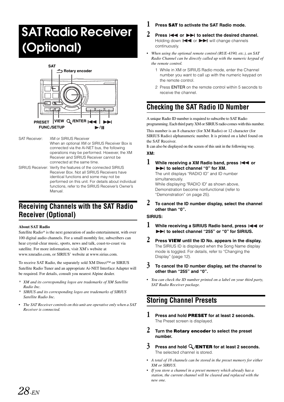Sat radio receiver (optional), Checking the sat radio id number, Storing channel presets | Receiving channels with the sat radio, Receiver (optional) | Alpine CDA-118M User Manual | Page 30 / 51