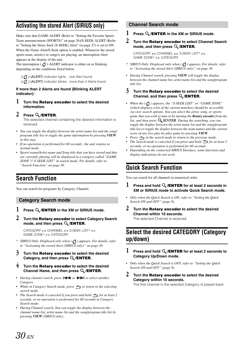 Activating the stored alert (sirius only), Search function, Quick search function | Select the desired category (category up/down), Select the desired category, Category up/down) | Alpine CDA-118M User Manual | Page 32 / 51